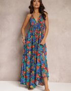 rosa Rochie Albastră Florală Maxi din Viscoză cu legătură la gât și spate Lunka