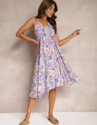 rosa Rochie Albastră Legată din Bumbac cu Croi Evazat Risaltis
