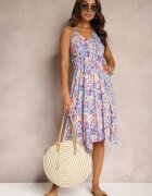 rosa Rochie Albastră Legată din Bumbac cu Croi Evazat Risaltis