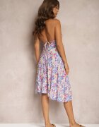 rosa Rochie Albastră Legată din Bumbac cu Croi Evazat Risaltis