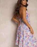 rosa Rochie Albastră Legată din Bumbac cu Croi Evazat Risaltis