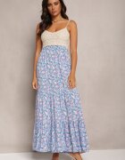 rosa Rochie Albastră Maxi din Viscoză cu Croială Evazată cu Imprimeu Floral Decorată cu Model Croșetat Damrea