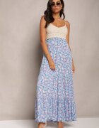 rosa Rochie Albastră Maxi din Viscoză cu Croială Evazată cu Imprimeu Floral Decorată cu Model Croșetat Damrea