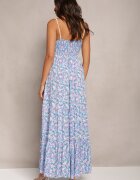 rosa Rochie Albastră Maxi din Viscoză cu Croială Evazată cu Imprimeu Floral Decorată cu Model Croșetat Damrea