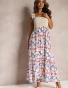 rosa Rochie Albastră Maxi din Viscoză Florală cu Decolteu Pătrat Alten