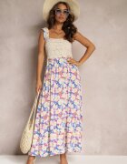 rosa Rochie Albastră Maxi din Viscoză Florală cu Decolteu Pătrat Alten