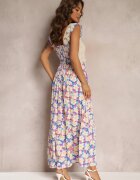 rosa Rochie Albastră Maxi din Viscoză Florală cu Decolteu Pătrat Alten