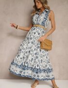 rosa Rochie albastră tip cămașă fără mâneci din bumbac cu curea cu cataramă Mirasitia