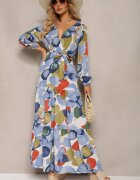 rosa Rochie Albastru-Alb din Viscoză cu Decolteu Triunghiular cu Elastic în Talie și Curea din Material Fiavena
