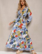 rosa Rochie Albastru-Alb din Viscoză cu Decolteu Triunghiular cu Elastic în Talie și Curea din Material Fiavena
