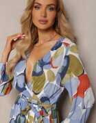 rosa Rochie Albastru-Alb din Viscoză cu Decolteu Triunghiular cu Elastic în Talie și Curea din Material Fiavena