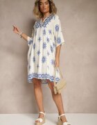 rosa Rochie Albastru-Crem Decorată cu Model Ornamental din Viscoză Daviloria