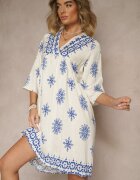 rosa Rochie Albastru-Crem Decorată cu Model Ornamental din Viscoză Daviloria