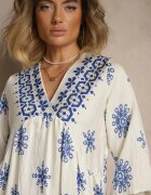 rosa Rochie Albastru-Crem Decorată cu Model Ornamental din Viscoză Daviloria