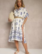 rosa Rochie Albastru-Crem din Viscoză stil Boho cu croială tip cutie cu șlițuri Virbia