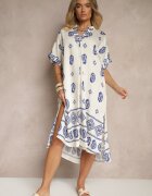 rosa Rochie Albastru-Crem din Viscoză stil Boho cu croială tip cutie cu șlițuri Virbia