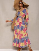 rosa Rochie Albastru-Galben din Viscoză cu elastic în talie și curea din material textil cu decolteu triunghiular Nelarae