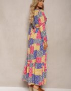 rosa Rochie Albastru-Galben din Viscoză cu elastic în talie și curea din material textil cu decolteu triunghiular Nelarae