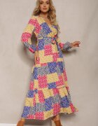rosa Rochie Albastru-Galben din Viscoză cu elastic în talie și curea din material textil cu decolteu triunghiular Nelarae