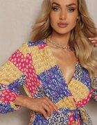 rosa Rochie Albastru-Galben din Viscoză cu elastic în talie și curea din material textil cu decolteu triunghiular Nelarae