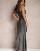 rosa Rochie Argintie Maxi cu Bretele cu Decolteu Triunghiular Soleira