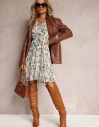 rosa Rochie Bej-Albastru Mini cu Decolteu Petrecut și Elastic în Talie