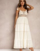 rosa Rochie Bej Croșetată Maxi cu Broderie Decorativă și Volan Eshade