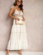 rosa Rochie Bej Croșetată Maxi cu Broderie Decorativă și Volan Eshade
