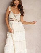 rosa Rochie Bej Croșetată Maxi cu Broderie Decorativă și Volan Eshade