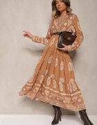 rosa Rochie bej cu vâscoză și decolteu petrecut Mirilaine