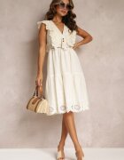 rosa Rochie Bej de bumbac cu broderie și volane Casira
