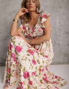 rosa Rochie Bej deschis din Viscoză cu Imprimeu Floral Evazată Maxi Veradisia