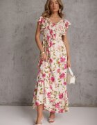 rosa Rochie Bej deschis din Viscoză cu Imprimeu Floral Evazată Maxi Veradisia