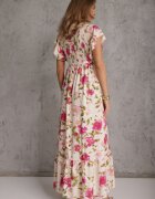 rosa Rochie Bej deschis din Viscoză cu Imprimeu Floral Evazată Maxi Veradisia