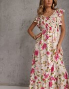 rosa Rochie Bej deschis din Viscoză cu Imprimeu Floral Evazată Maxi Veradisia