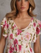 rosa Rochie Bej deschis din Viscoză cu Imprimeu Floral Evazată Maxi Veradisia