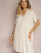 rosa Rochie bej din bumbac croi drept cu mâneci reglabile Elonea