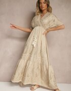 rosa Rochie Bej din vâscoză Boho cu croială petrecută cu broderie metalică Redeselle