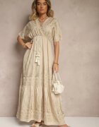 rosa Rochie Bej din vâscoză Boho cu croială petrecută cu broderie metalică Redeselle