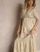 rosa Rochie Bej din vâscoză Boho cu croială petrecută cu broderie metalică Redeselle
