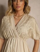 rosa Rochie Bej din vâscoză Boho cu croială petrecută cu broderie metalică Redeselle