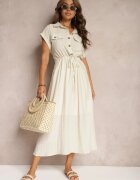 rosa Rochie Bej din Vâscoză cu Croi Evazat cu Elastic în Talie și Capse Memvia