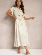 rosa Rochie Bej din Vâscoză cu Croi Evazat cu Elastic în Talie și Capse Memvia