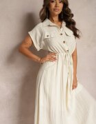 rosa Rochie Bej din Vâscoză cu Croi Evazat cu Elastic în Talie și Capse Memvia
