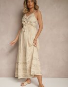 rosa Rochie bej din vâscoză evazată cu bretele și broderie Uloranelia