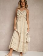 rosa Rochie bej din vâscoză evazată cu bretele și broderie Uloranelia