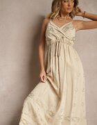 rosa Rochie bej din vâscoză evazată cu bretele și broderie Uloranelia