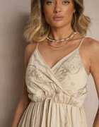 rosa Rochie bej din vâscoză evazată cu bretele și broderie Uloranelia