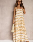 rosa Rochie Bej din Viscoză cu Bretele cu Croială Cloș și Model Geometric Xervidia
