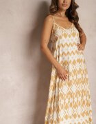 rosa Rochie Bej din Viscoză cu Bretele cu Croială Cloș și Model Geometric Xervidia